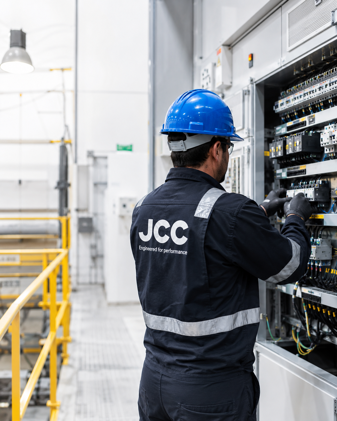 Técnico eléctrico de JCC trabajando en un gabinete industrial